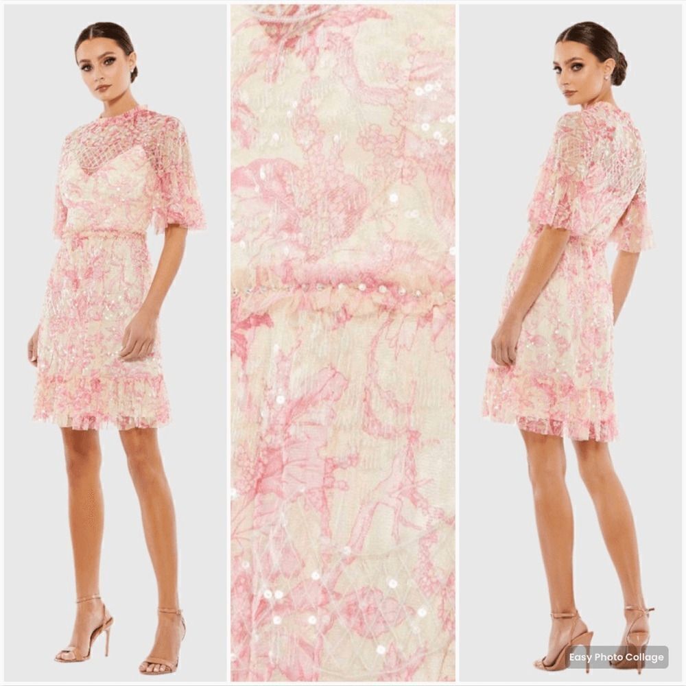 Nwt Mac Duggal 9148 Womens Pink Flounce Sleeve Floral Embellished Dress 12